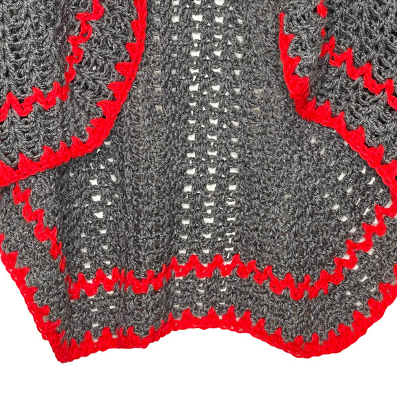 Vintage Hand Knit Afghan Sweater‎ Vest Jacket Gray Red Open Size Medium? - Picture 3 of 5